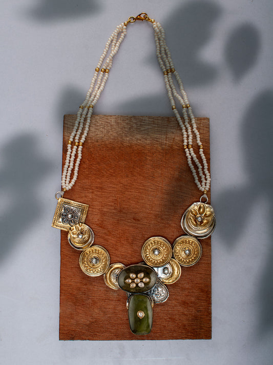 925 Sterling Silver Two Tone 22K Gold Plated Pearl Beaded Necklace With Aventurine Gemstone and White Kundan