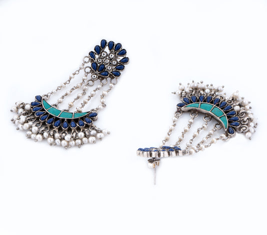 925 Sterling Silver Blue Lapis and Pearls Earrings