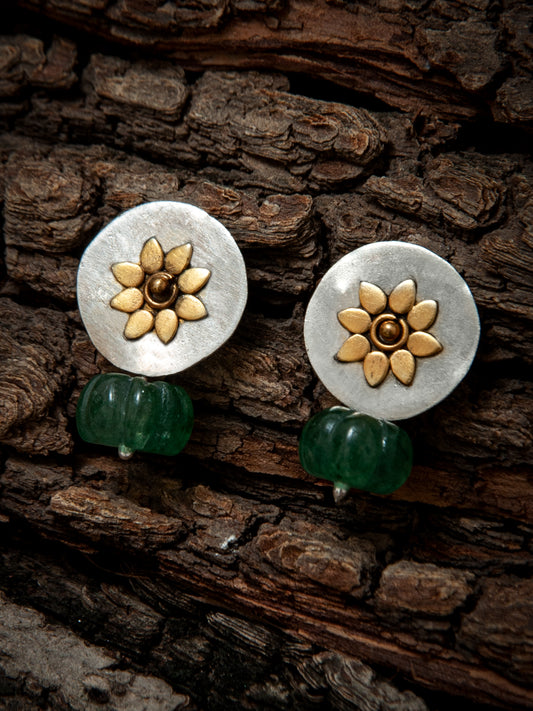 925 Sterling Silver Two Tone Sunflower Earrings with Melon Cut Green Onyx Drop