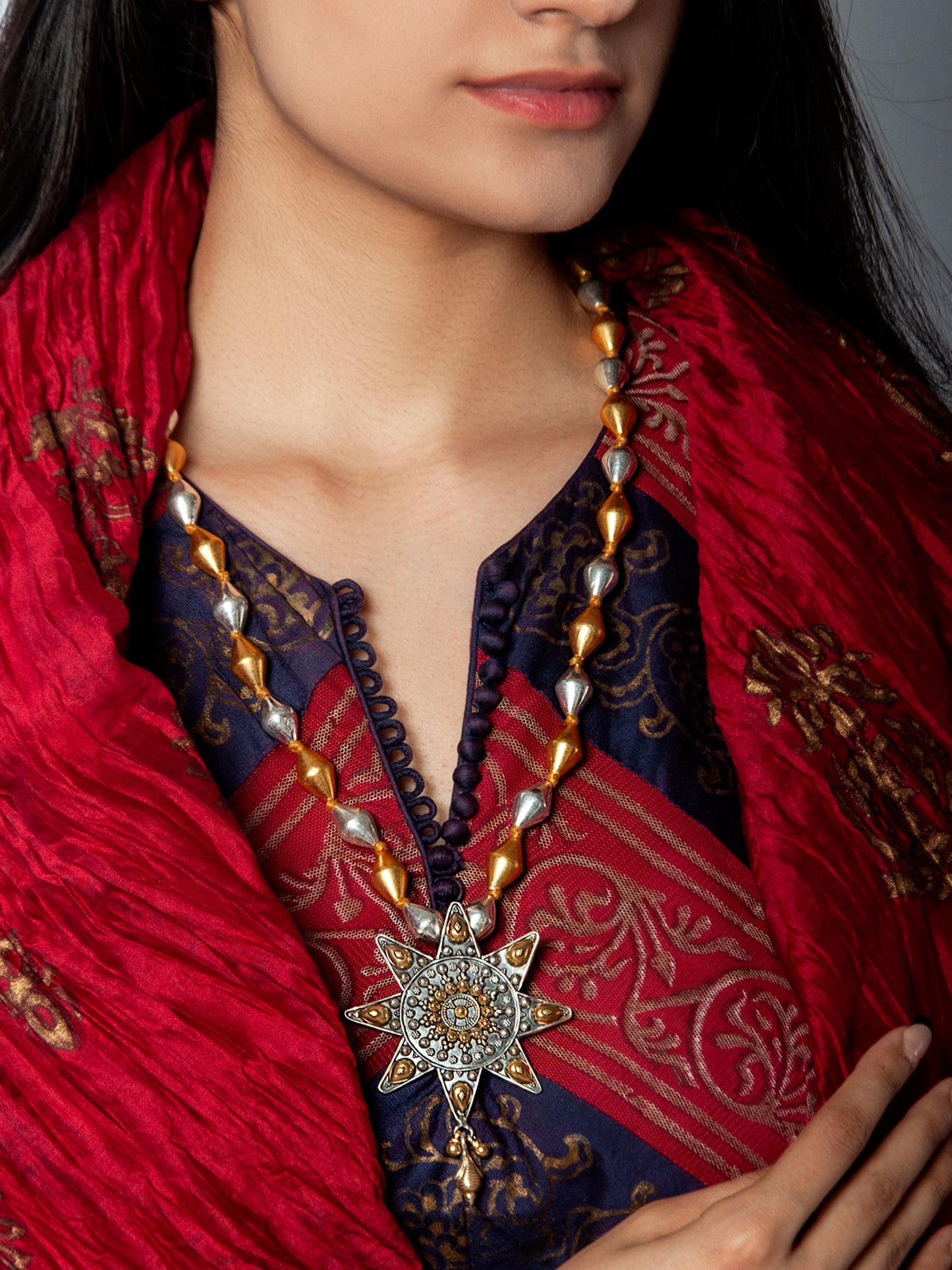 925 Sterling Silver Two Tone 22K Gold Plated Dholki Necklace With Star Design