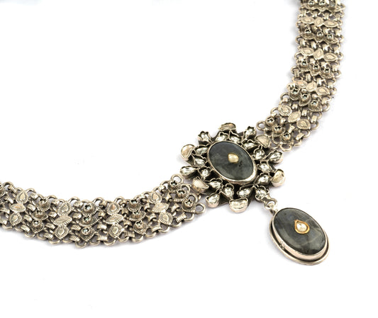 925 Sterling Silver Necklace with Labradorite Stone and Kundan