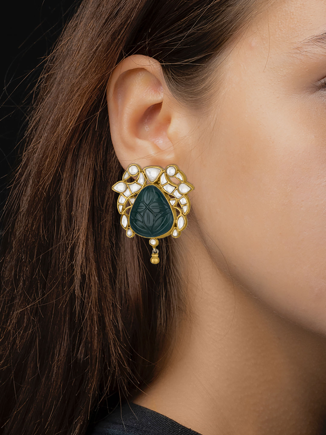 Gold Plated Big Kundan Studs with Green Carved Stone
