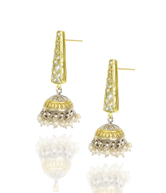 925 Silver Gold Plated White Kundan Trapezium Jhumki Earrings - Neeta Boochra Jewellery