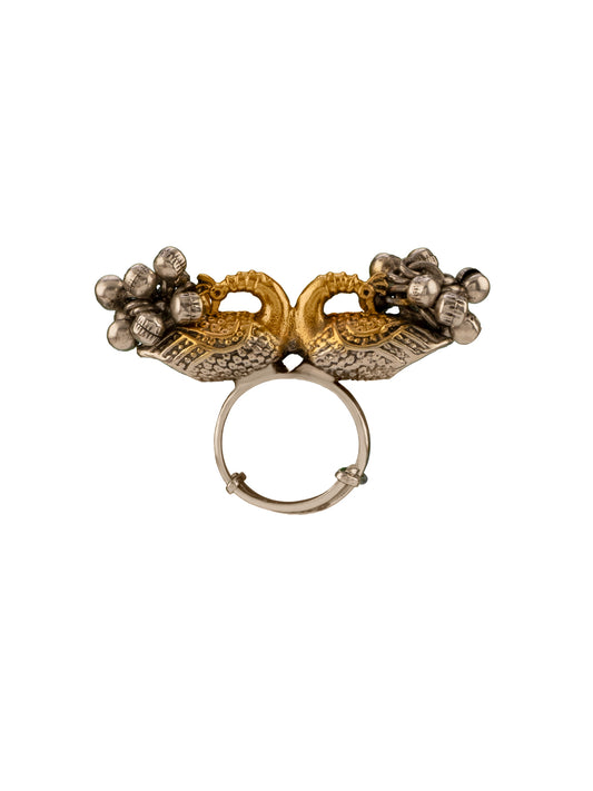 Twin Peacock Adjustable Ring with Ghungroo