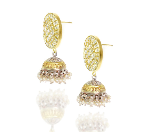 925 Silver Gold Plated White Kundan Round Jhumki Earrings - Neeta Boochra Jewellery