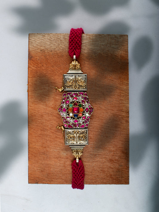 925 Sterling Silver Two Tone 22K Gold Plated Statement Necklace With Multicolor Kundan