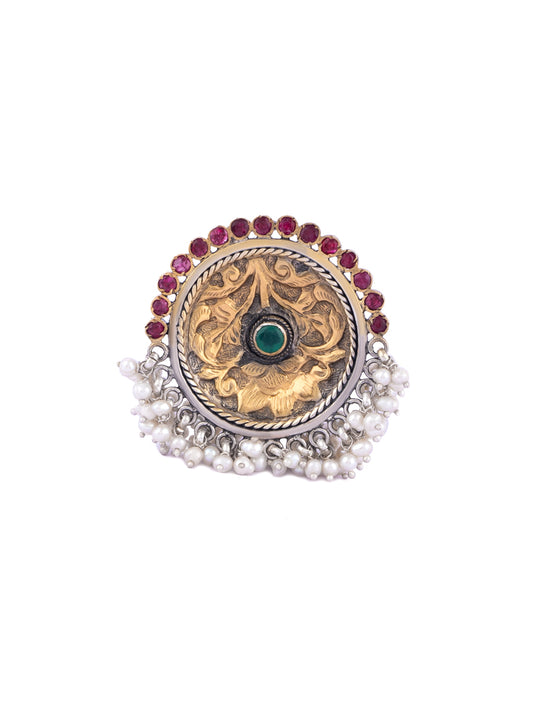 Two Toned Chitai Ring with Freshwater Pearl and Ruby