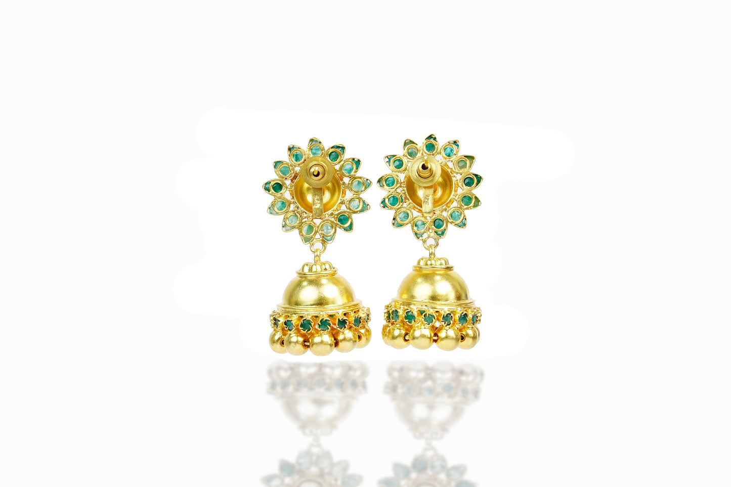 925 Silver Gold Plated Kundan Jhumki Earrings with Natural Green Gemstone - Neeta Boochra Jewellery