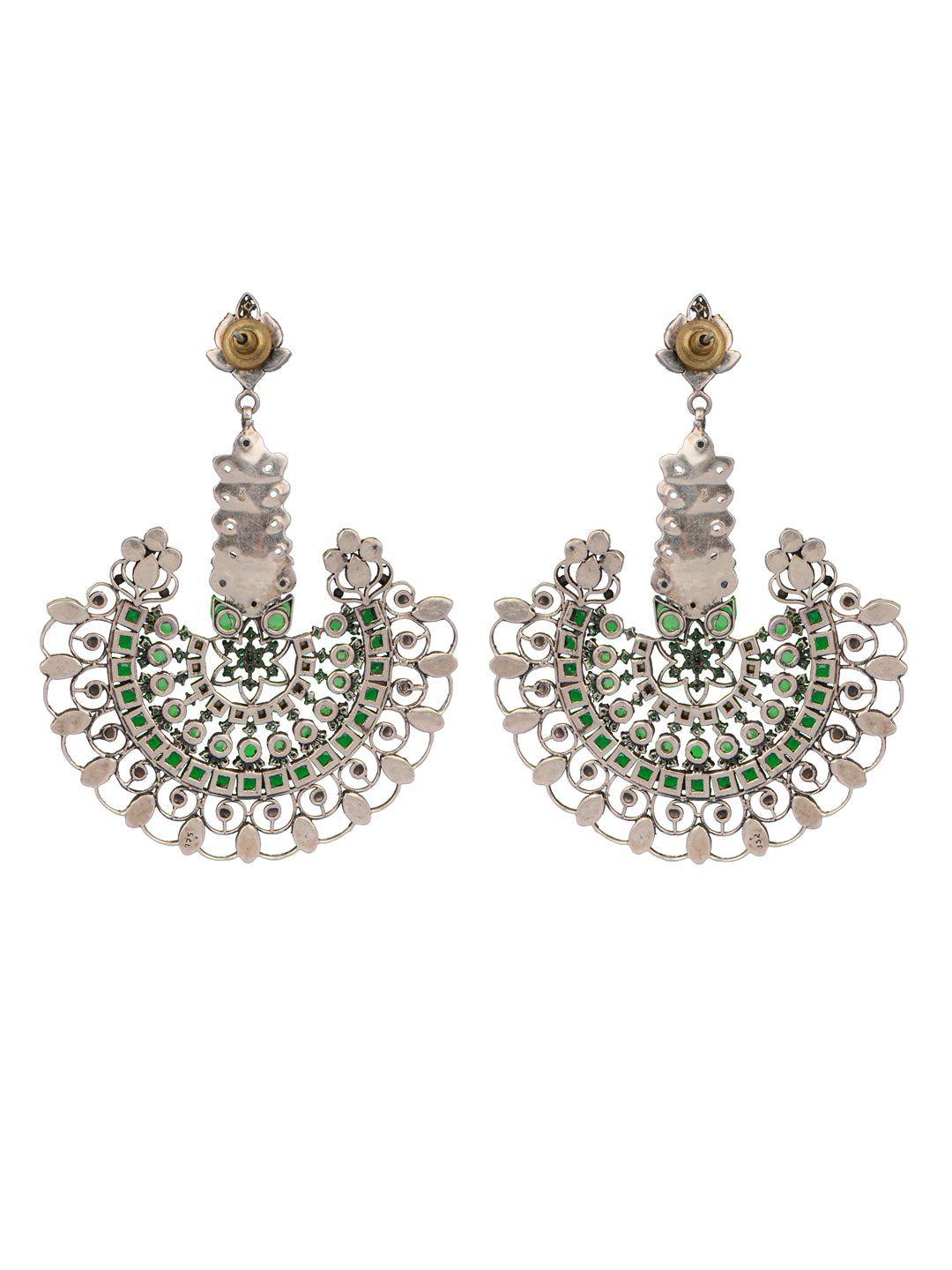 925 Sterling Silver Green and White Kundan Statement Earringss