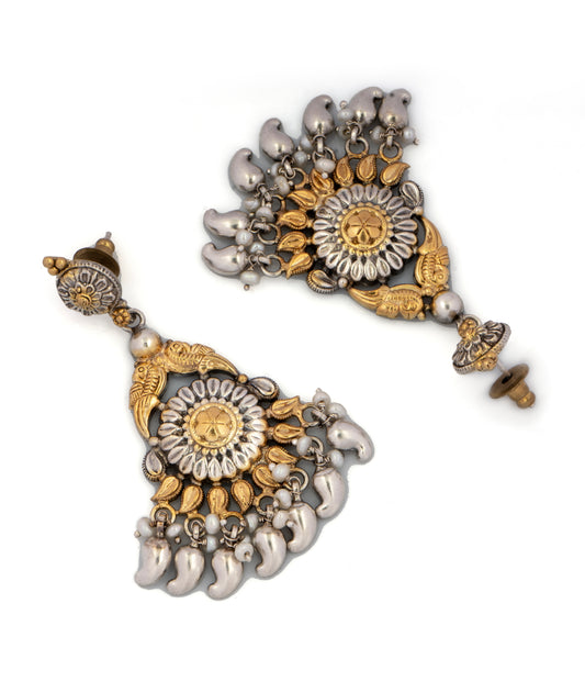 925 Sterling Silver Two Tone Paisley Motif Earrings