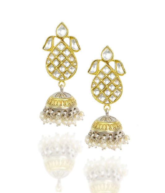 925 Silver Gold Plated Oval Jhumki Earrings with White Kundan - Neeta Boochra Jewellery