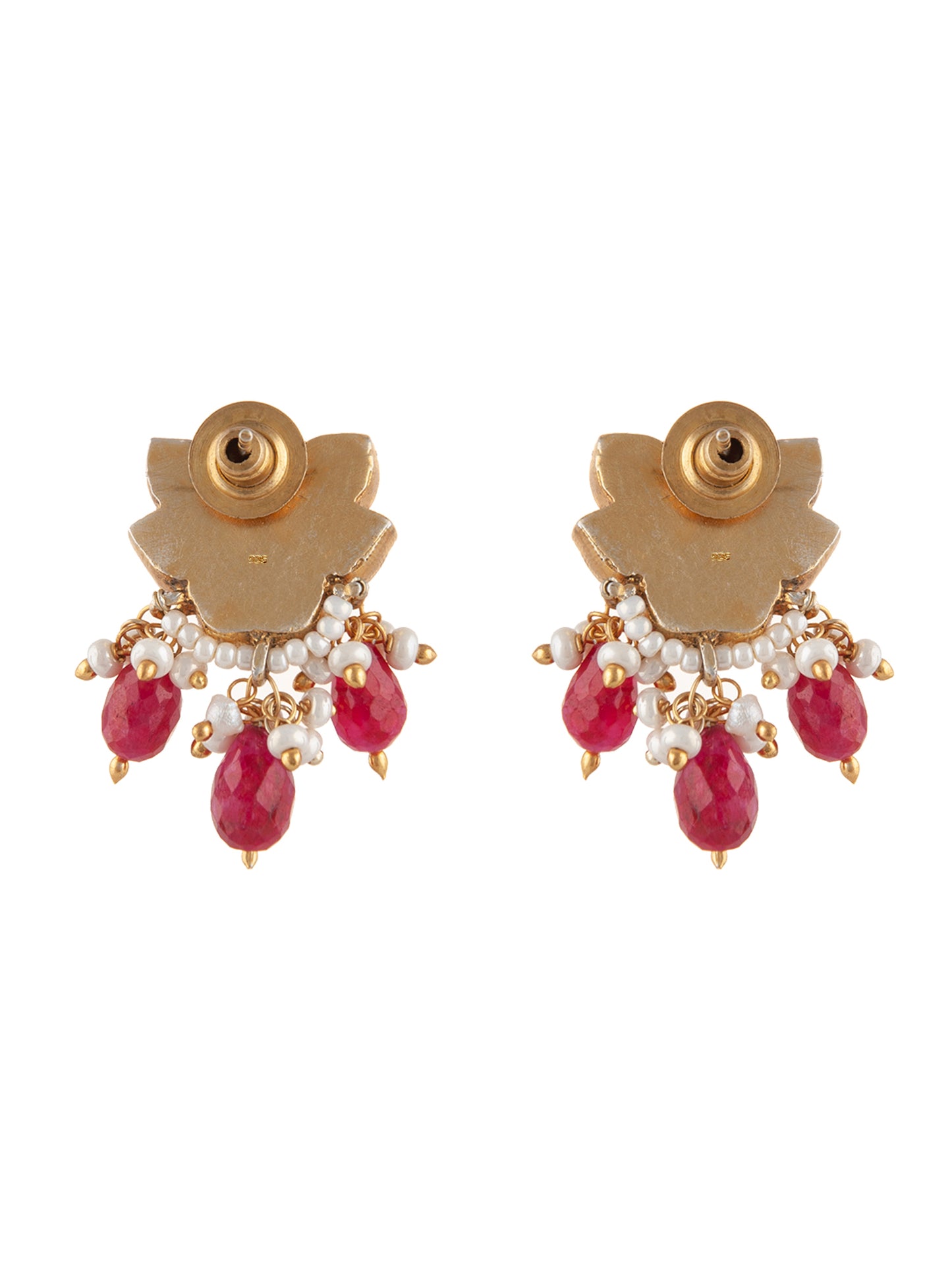 925 Sterling Silver Gold Plated Floral Kundan Earrings with Ruby Drops
