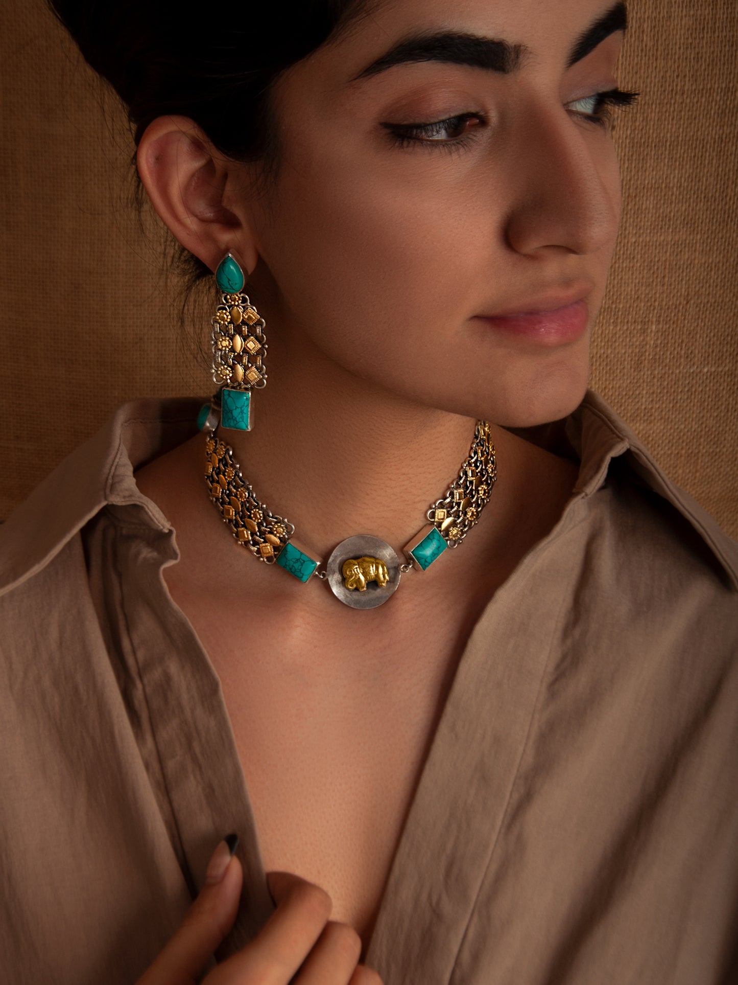 925 Sterling Silver Two Tone 22K Gold Plated Elephant Design Necklace With Turquoise Gemstone