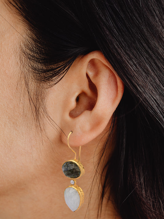 Rainbow Moonstone and Labradorite Gold Plated Dangler