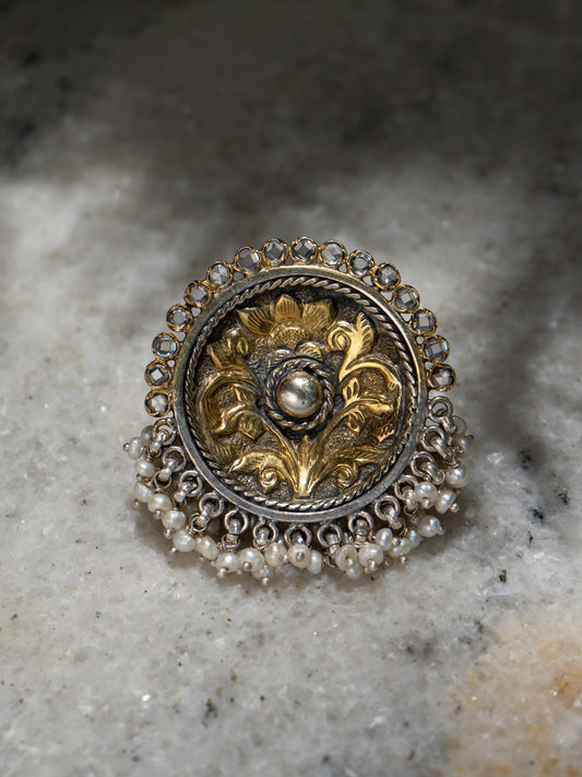 Two Toned Chitai Ring with Freshwater Pearl and Checker Gemstone