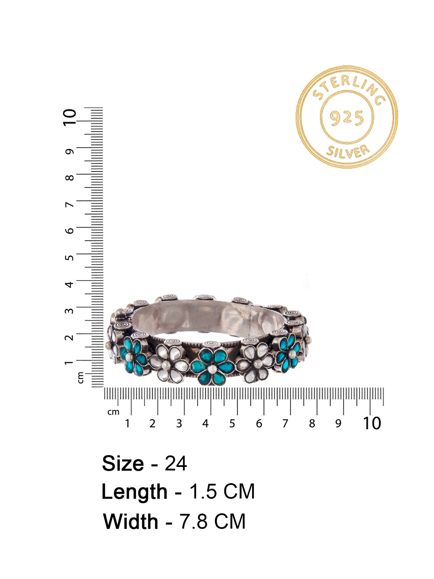 Silver Floral Blue and White Kundan Openable Bangle