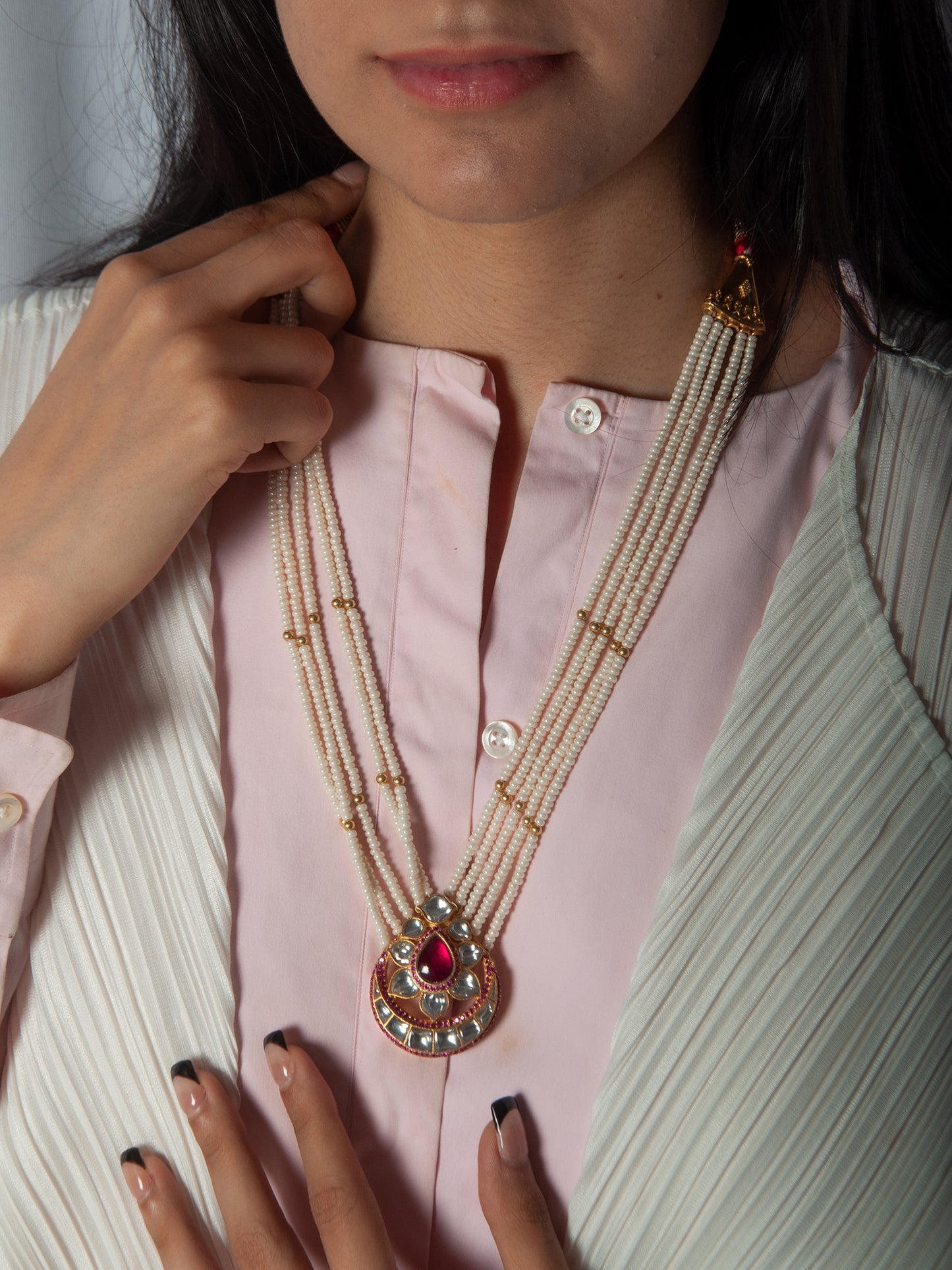 925 Sterling Silver 22K Gold Plated Pearl Beaded Chaandbali Necklace With White and Red Kundan