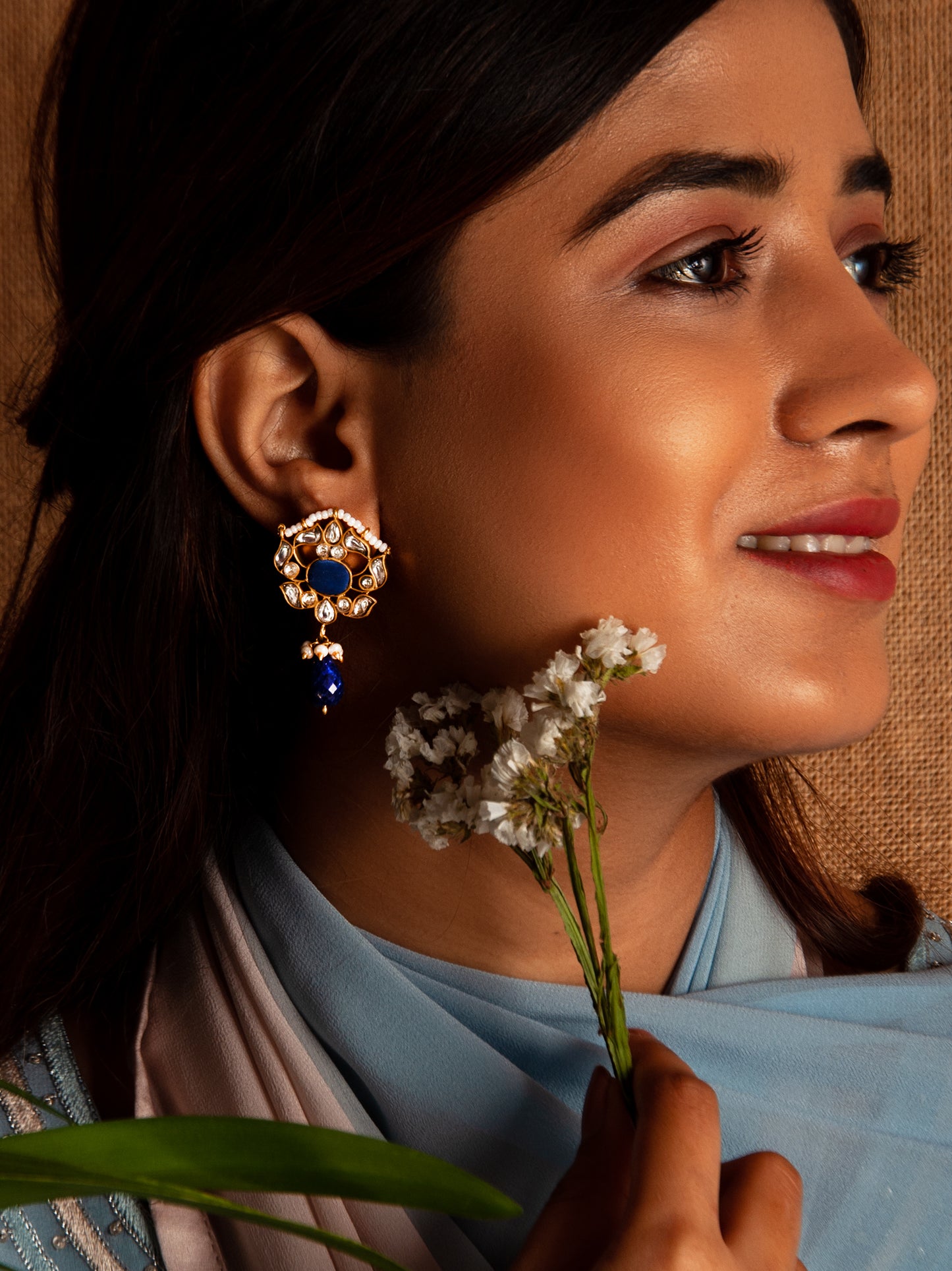 Silver Blue Lapis Kundan Earrings with Drop