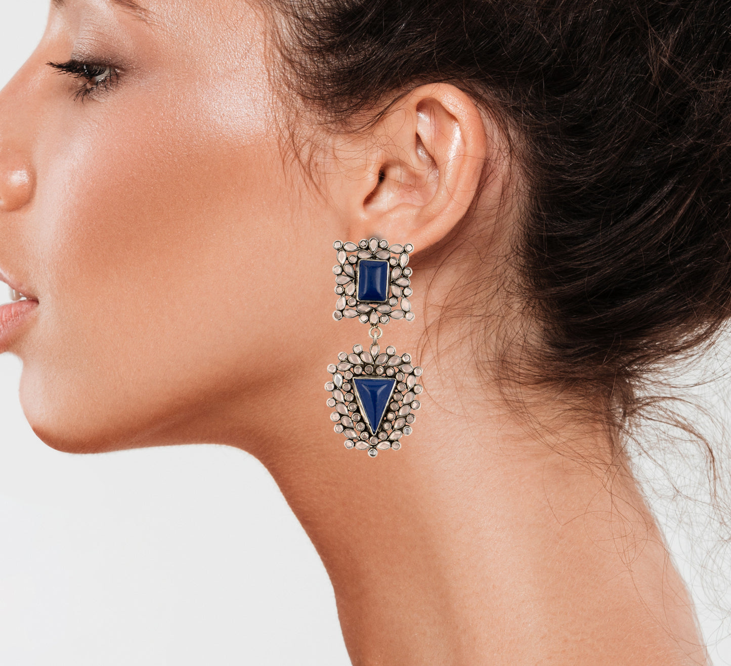 925 Sterling Silver Earrings with Checker and Blue Lapis