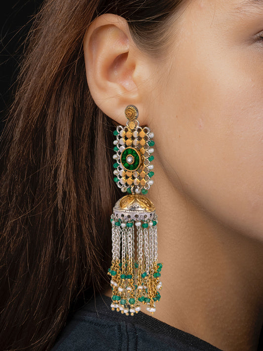 925 Sterling Silver Two Tone Jhumki with Kundan Motif