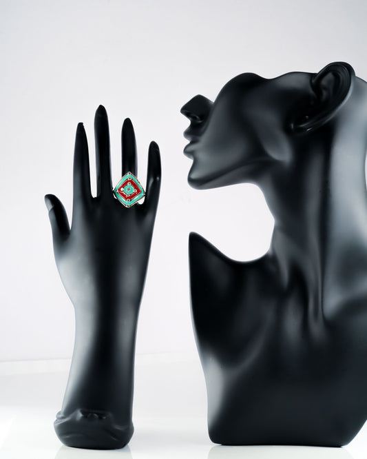 Turquoise Green and Red Meenakari Ring - Neeta Boochra Jewellery