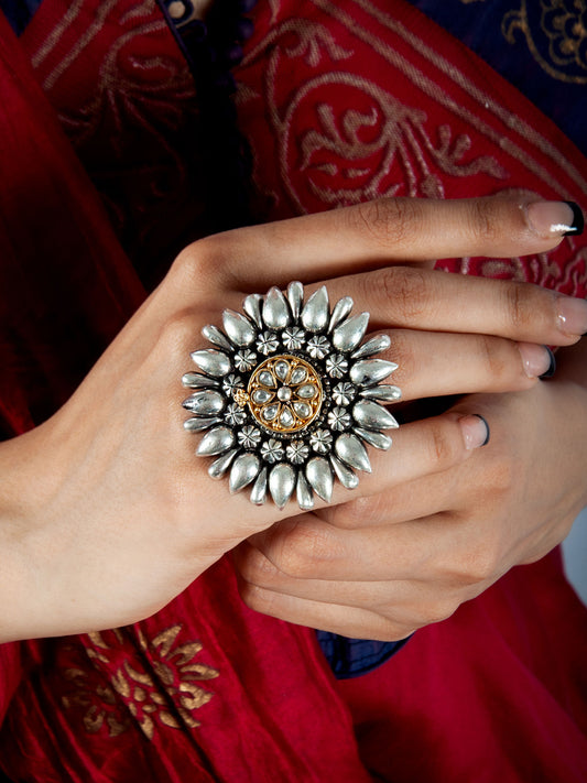 925 Sterling Silver Two Tone 22K Gold Plated Ring With White Kundan