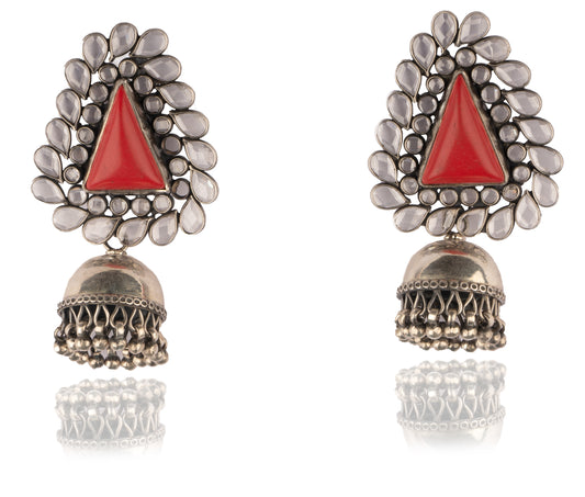 925 Sterling Silver Checker and Red Coral Jhumkis