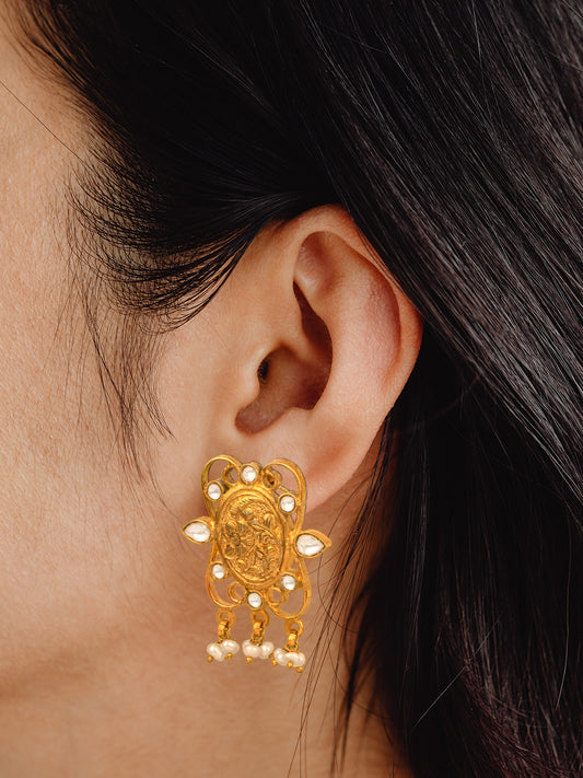 925 Sterling Silver Gold Plated Chitai Earrings with Kundan