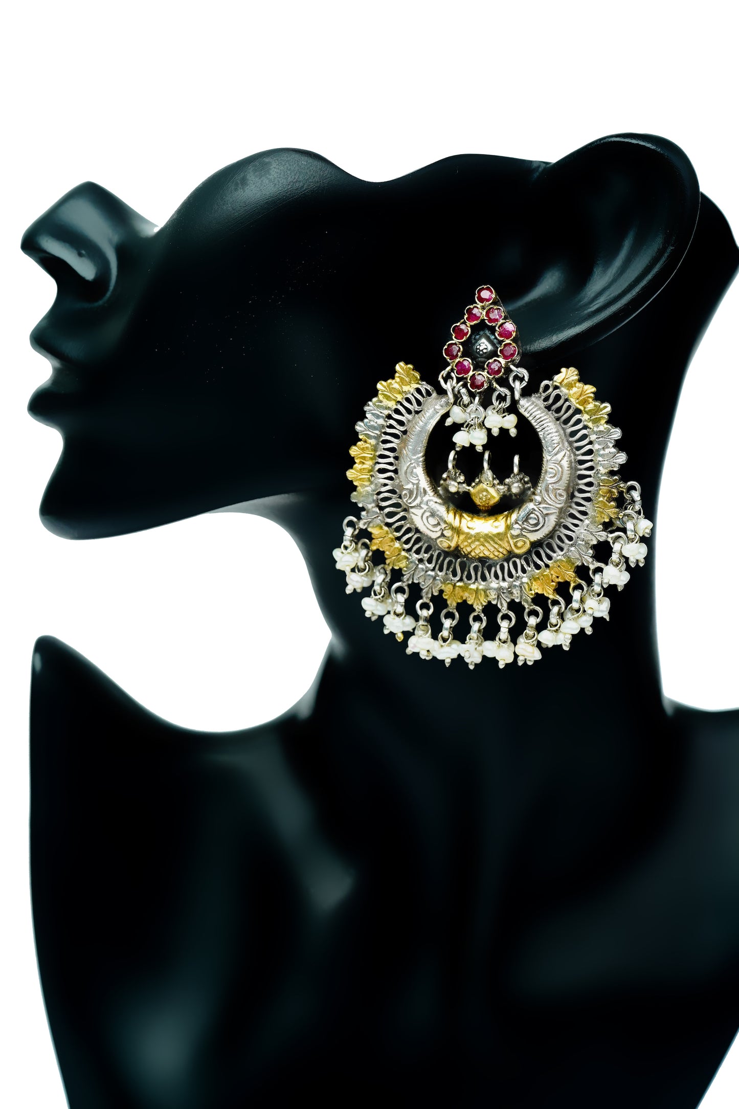 Silver Statement Two-Tone Chandbali with Ruby - Neeta Boochra Jewellery