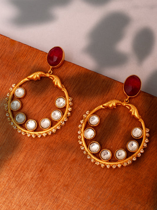 925 Sterling Silver 22K Gold Plated Chaandbali Kundan Earring With Ruby Gemstone and Pearl