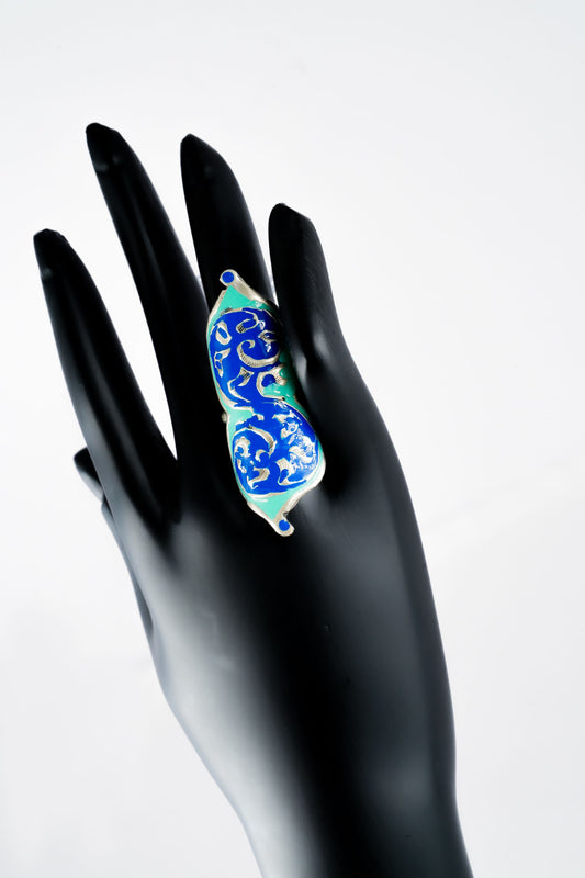 Turquoise Blue and Fire Yellow Meenakari Ring - Neeta Boochra Jewellery
