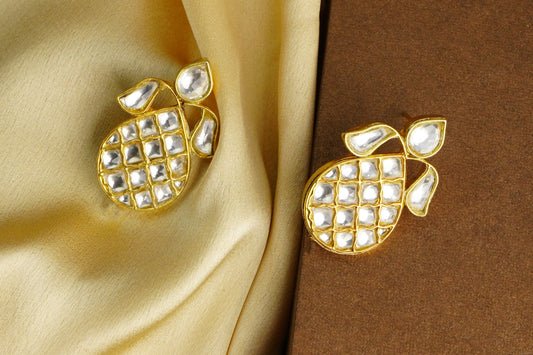 925 Silver Gold Plated Oval Studs with White Kundan