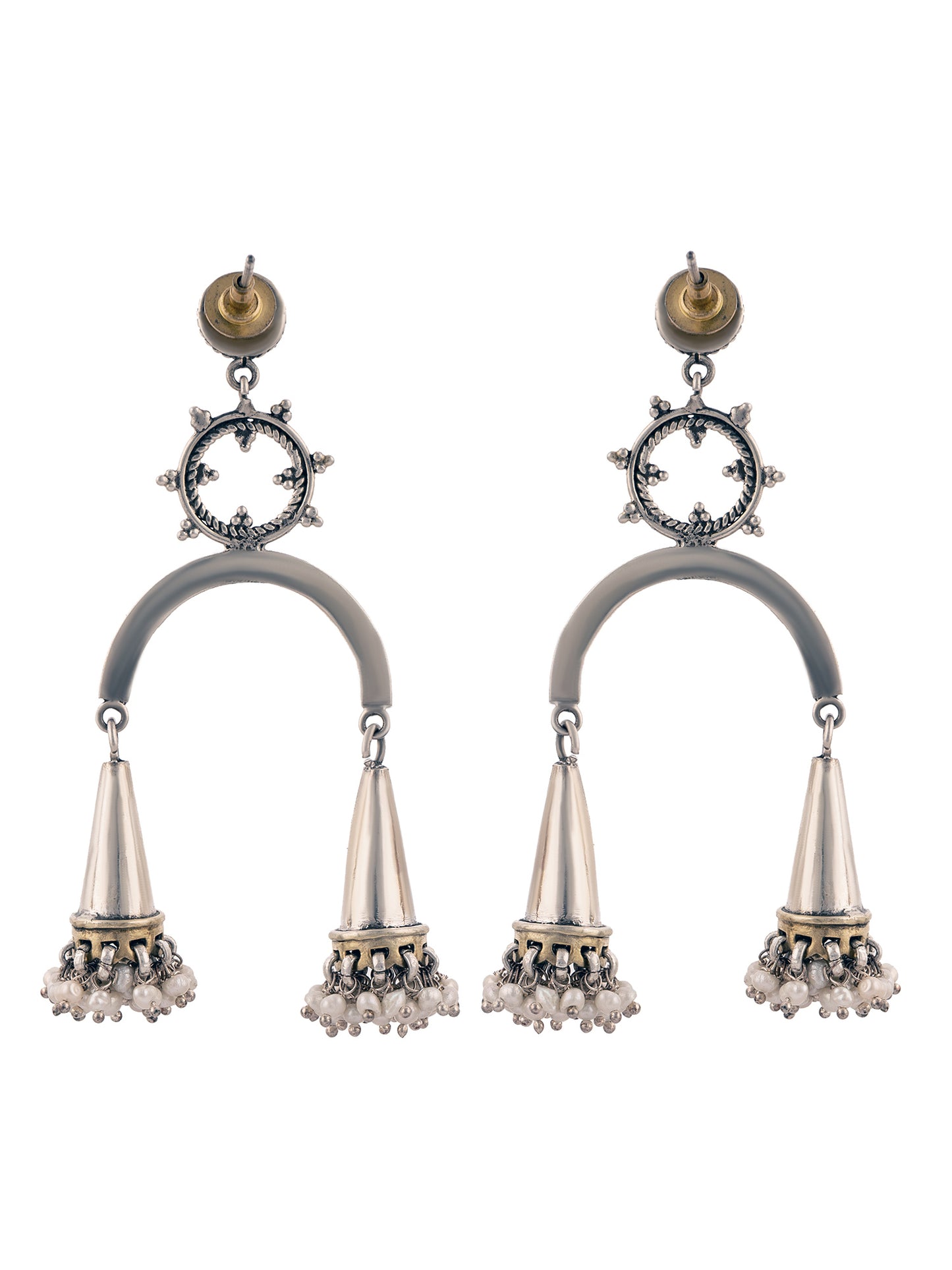 925 Sterling Silver Two Tone Fusion Jhumki Statement Earrings with Pearl
