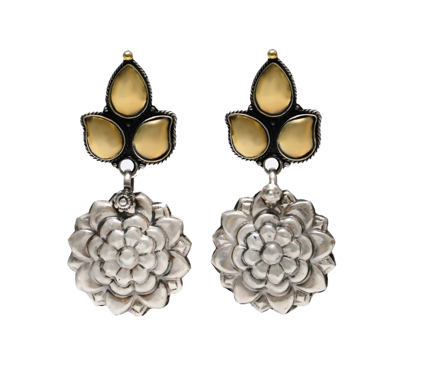 925 Silver Two Tone Floral Earrings - Neeta Boochra Jewellery