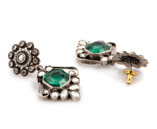 925 Sterling Silver Earrings with Green Gemstone and Pearls
