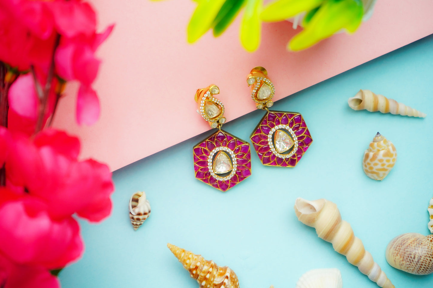 925 Silver Gold Plated Red Paisley Kundan Earrings - Neeta Boochra Jewellery