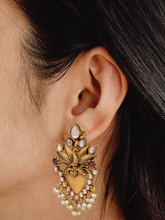 925 Sterling Silver Gold Plated Kundan Twin Peacock Earringss