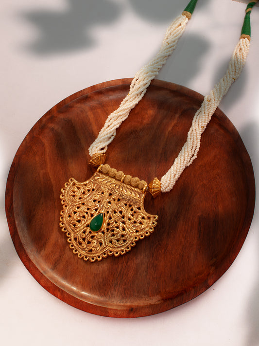 925 Sterling Silver 22K Gold Plated Pearl Beaded Necklace With Green Onyx Gemstone