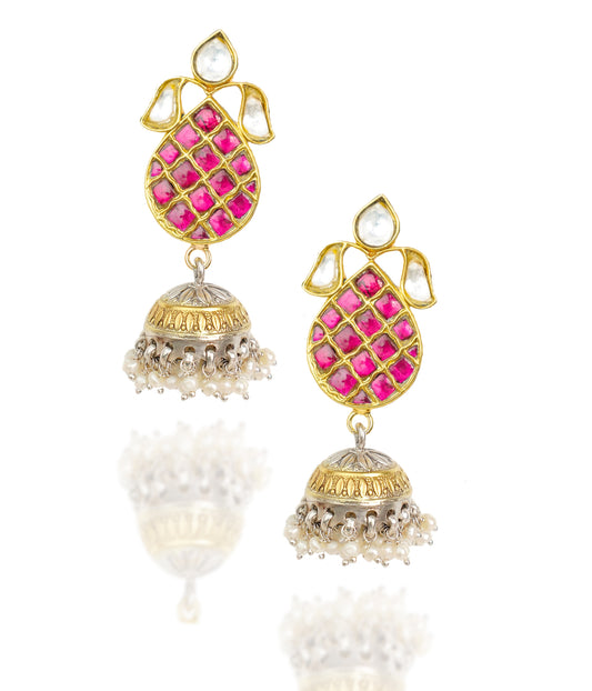 925 Silver Gold Plated White and Red Oval Jhumki Earrings - Neeta Boochra Jewellery