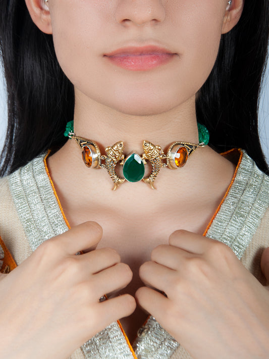 925 Sterling Silver Fusion Two Tone Fish Choker with Green Onyx