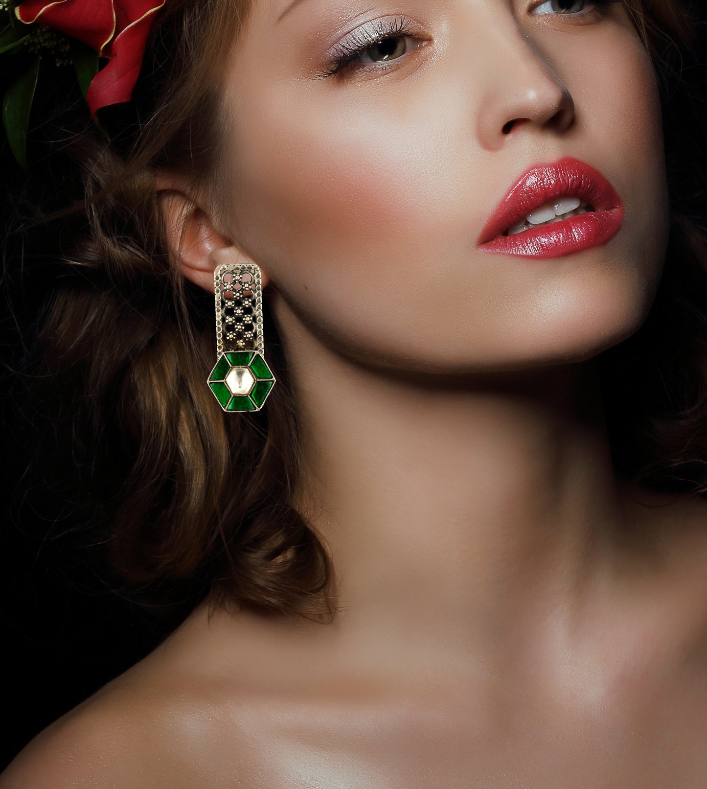 925 Sterling Silver Earrings with Green and White Kundan