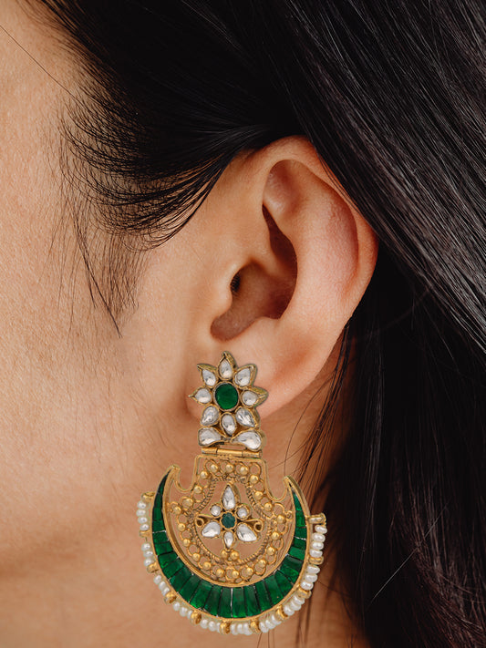 925 Sterling Silver Gold Plated Kundan Chaandbali Earrings