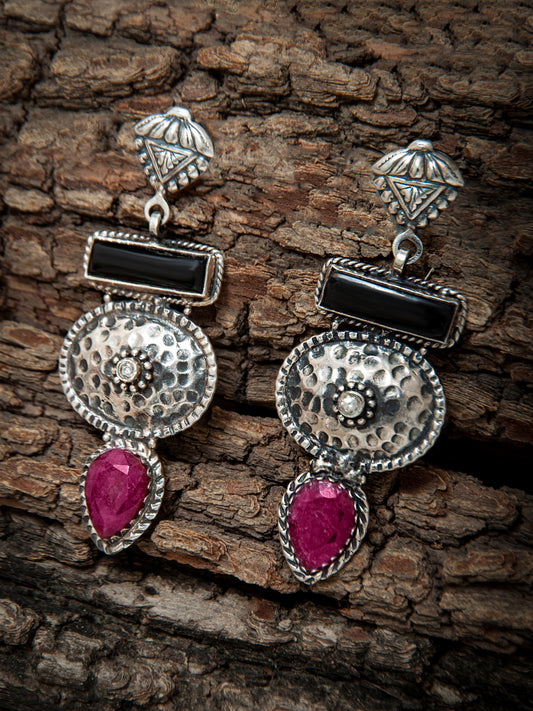 925 Sterling Silver Statement Earrings with Black Onyx and Ruby