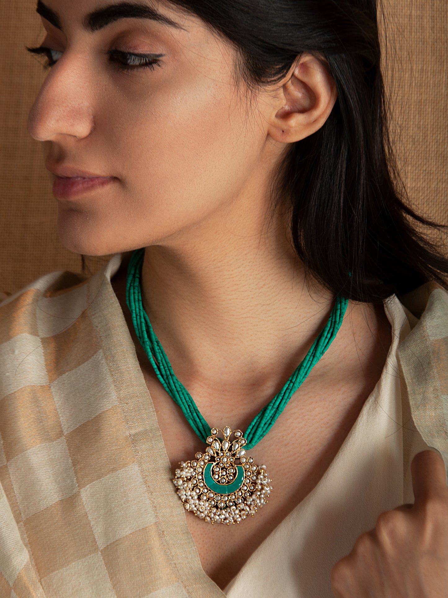 925 Sterling Silver 22K Gold Plated Green Turquoise Beaded Necklace With Pearl