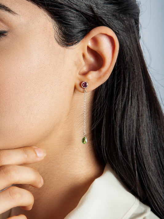 925 Sterling Silver Long Earrings with Multicolored Gemstone