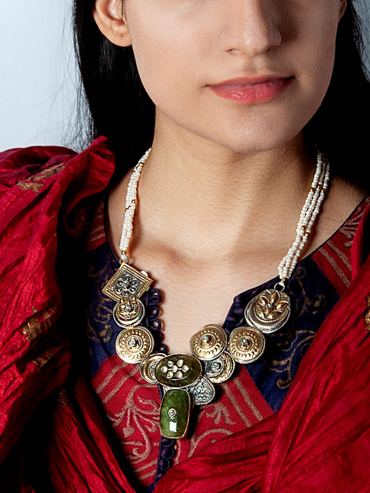 925 Sterling Silver Two Tone 22K Gold Plated Pearl Beaded Necklace With Aventurine Gemstone and White Kundan