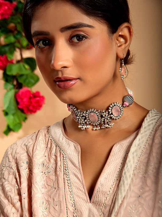 Silver Rose Quartz Kundan Choker with Pearl
