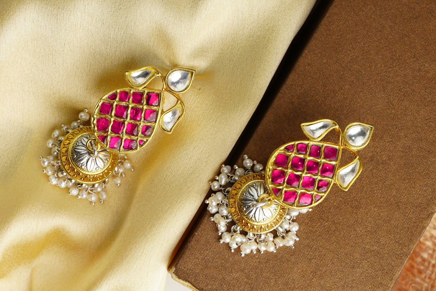925 Silver Gold Plated White and Red Oval Jhumki Earrings - Neeta Boochra Jewellery