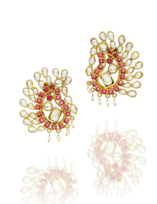 925 Silver Gold Plated Peacock Earrings with Checker Stones - Neeta Boochra Jewellery