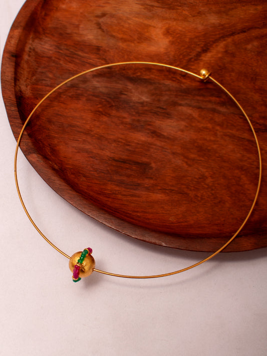 925 Sterling Silver 22K Gold Plated Golden Ball Hasli With Green Onyx and Ruby Beads